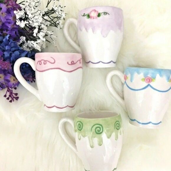 Rare 2004 AVON Birthday Gift Collection Celebration Mugs Set of 4 Pretty Pastel - Picture 1 of 7